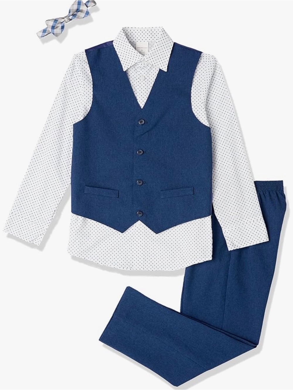 Boys Navy 4 pc Vest Set with Polka Dot Shirt and bow tie